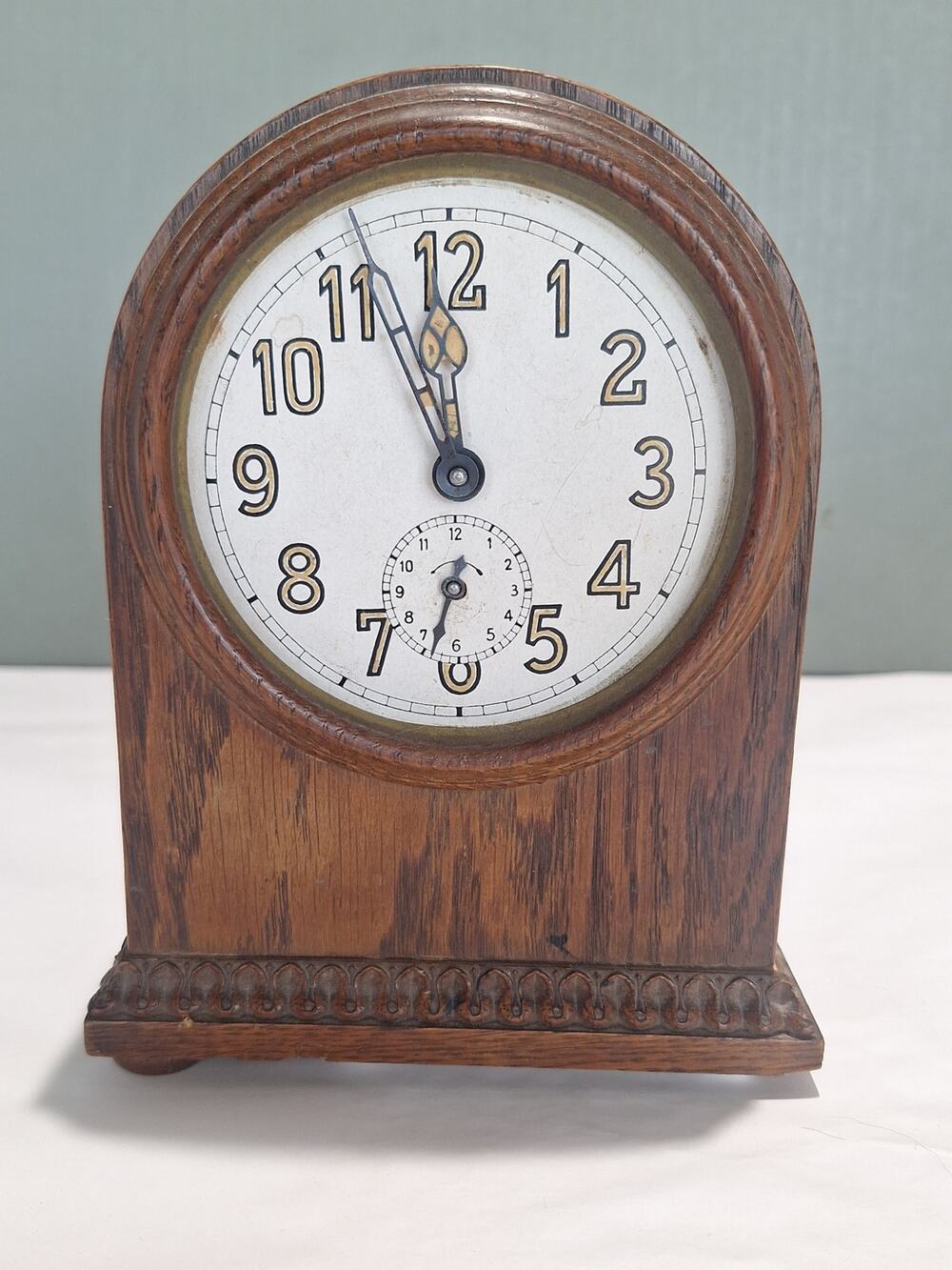 Antique Oak Mechanical Alarm Mantel Clock German Movement Arched Case- WORKING!